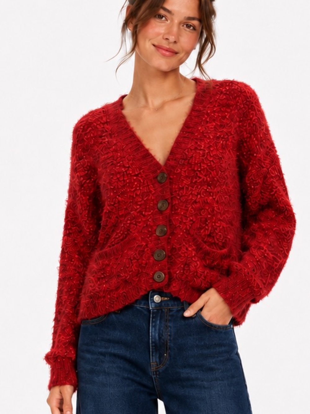 Anthropologie Moth sweater Red Emilie Wool blend Fuzzy Oversized button Size S